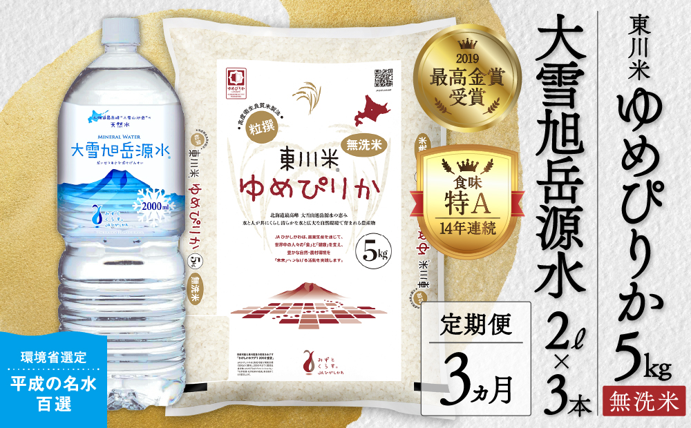 【R７年産米】【3ヵ月定期便】東川米 ゆめぴりか「無洗米」5kg+水セット（2026年2月中旬より発送予定）