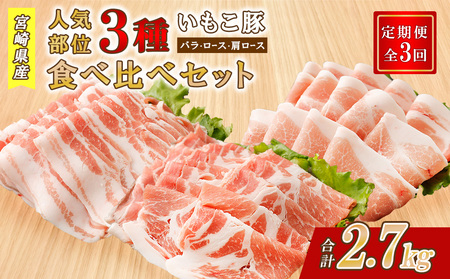 【3ヶ月定期便】 いもこ豚 人気部位3種 食べ比べセット 900g（300g×3パック）×３回 総合計2.7kg ぶた肉 30日 お肉 ロース 肩ロース しゃぶしゃぶ 冷凍 国産 宮崎県産 九州 送料無料 薄切り 小分け