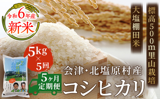 
【5ヶ月定期便】【令和6年産】【新米】会津・北塩原村産「コシヒカリ」5kg×5回お届け(大塩棚田米・標高500ｍ里山栽培） 【 ふるさと納税 人気 おすすめ ランキング コシヒカリ 米 5kg 定期便 5か月 5か月定期 25kg 白米 お米 国産 コメ こめ おコメ おこめ ブレンド米 ご飯 白飯 ごはん 精米 ゴハン おにぎり 福島県産 棚田米 福島県 北塩原村 送料無料 】 KBK003
