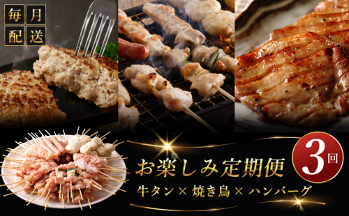 桜文 お楽しみ 定期便 全3回（焼鳥／牛タン／黒毛和牛入り BIGハンバーグ）【毎月配送コース 個包装 人気 はんばーぐ 焼き鳥 牛たん 小分け 惣菜 冷凍 数量限定】 G1060