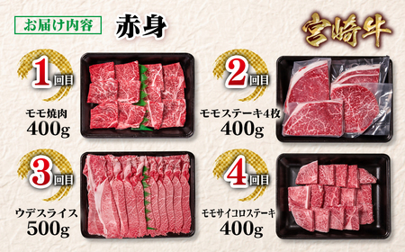 【定期便】宮崎牛赤身4回定期便　焼肉・ステーキ・スライス・サイコロステーキ　4等級以上　国産牛肉＜4.6-3＞Y