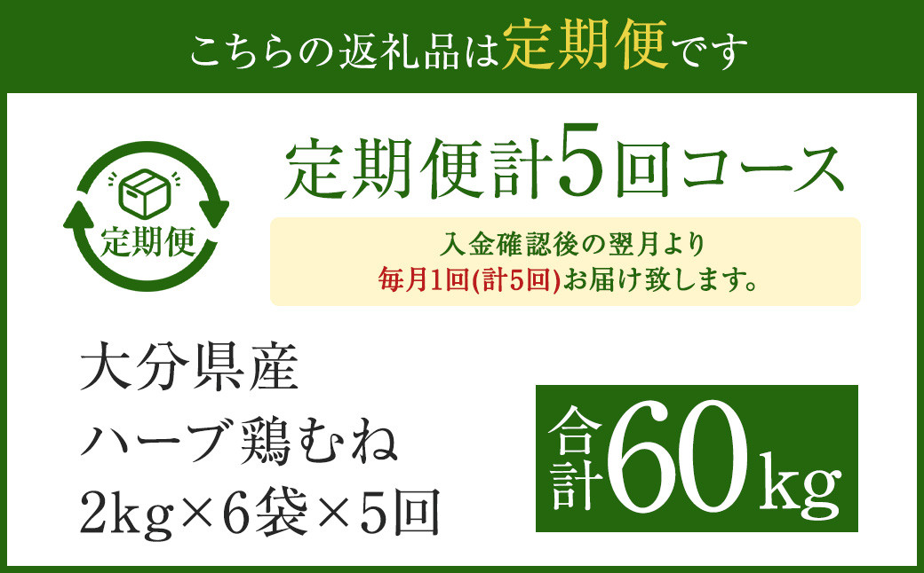 【1ヶ月毎5回定期便】大分県産ハーブ鶏むね 計60kg