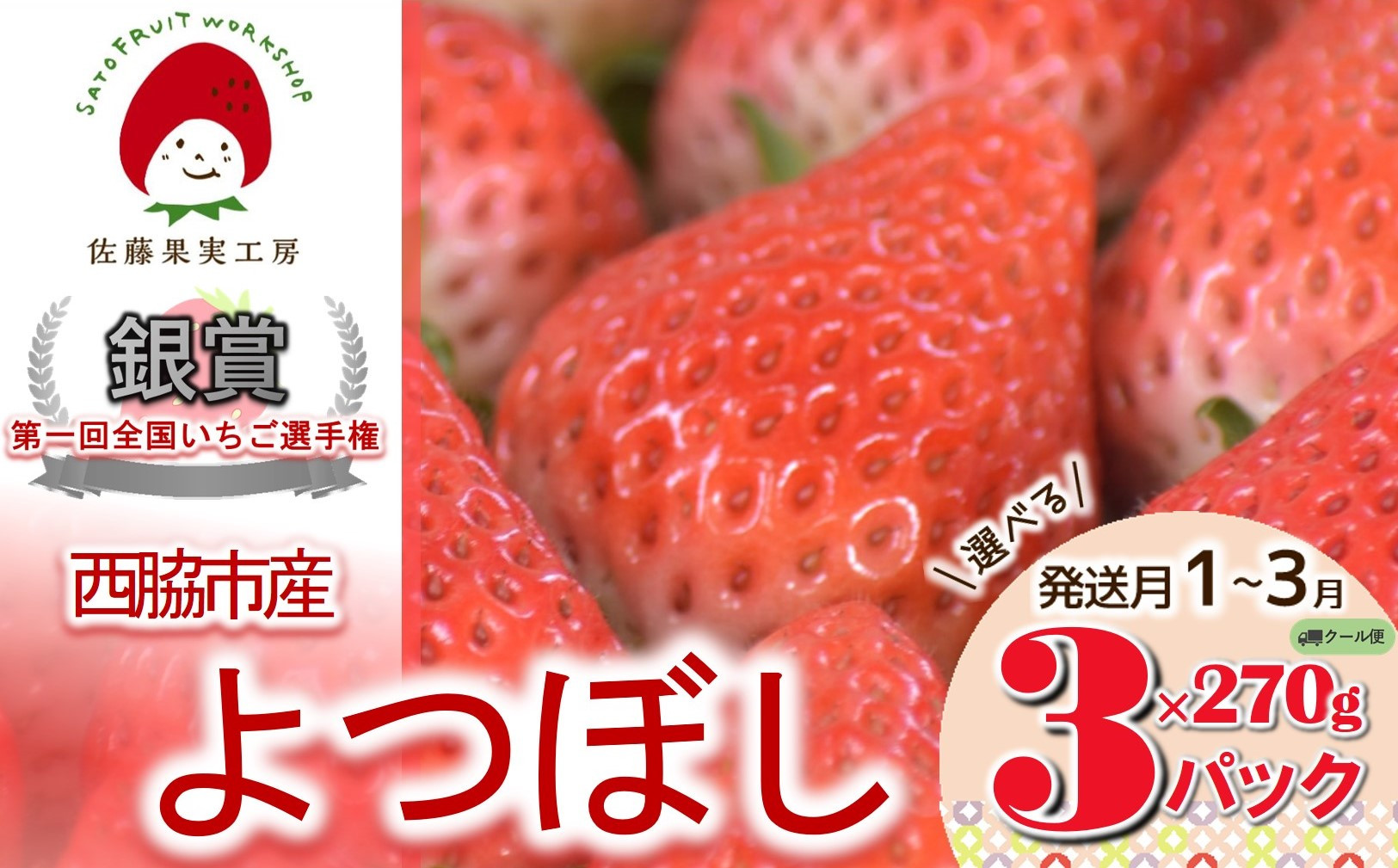 
《2025年産先行予約》「西脇市産 佐藤果実工房のよつぼし」（約270g×３パック 約810g）【佐藤果実工房 全国いちご選手権銀賞受賞農園 TVで紹介!】（09-39）
