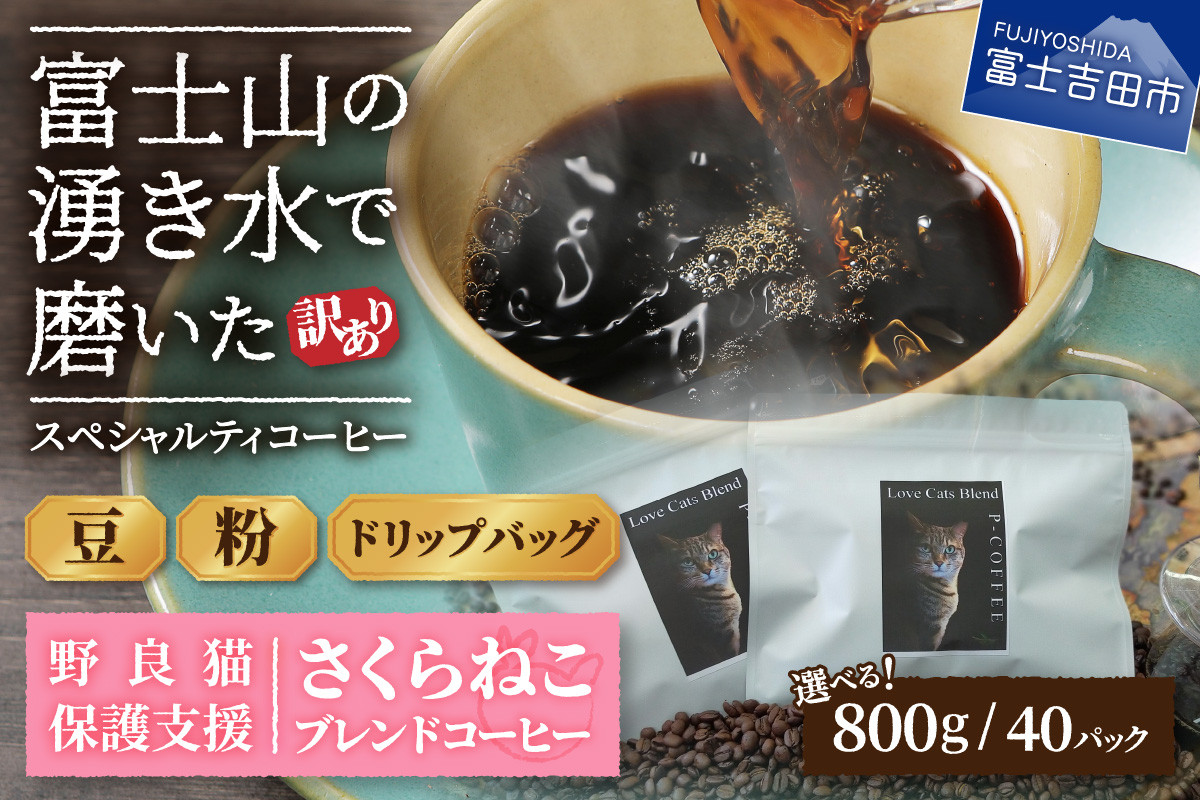 
【訳あり】野良猫保護支援 さくらねこ ブレンドコーヒー 富士山の湧き水で磨いた スペシャルティコーヒー ※豆800g/粉800g/ドリップ12g×40袋 コーヒー 珈琲 ブレンド コーヒー スペシャルティコーヒー 挽き立て 山梨 富士吉田
