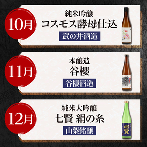 【12ヵ月定期便】集え！日本酒ラバー！北杜市蔵元　日本酒　計12本定期便　各月1本お届け！ 日本酒 12ヶ月 定期便 720ml 12本 各月1本 飲み比べ 純米吟醸 純米酒 七賢 生酛造り 本醸造 