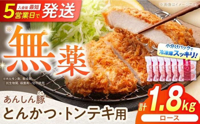
            あんしん豚 とんかつ ・ トンテキ用 ロース 1.8kg（3枚入×6袋）豚肉 豚ロース ぶたろーす ブタロース とんかつ用 トンテキ用 厚切り ブランド豚 無薬 無薬育ち 薬不使用 ぶた肉 冷凍肉 人気 おすすめ ランキング 豚肉セット 国産豚 こくさんぶた 国産 おいしい ヘルシー 赤身  小分け トンカツ とんてき 冷凍 2万2千円 22000円 白川町 / 藤井ファーム [AWAF065]
          
