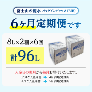 【6か月お届け】富士山の麗水定期便 ８L×２箱　天然水 富士山 定期便 水 ミネラルウォーター 防災 備蓄 ストック 保存 防災グッズ 山梨 富士吉田