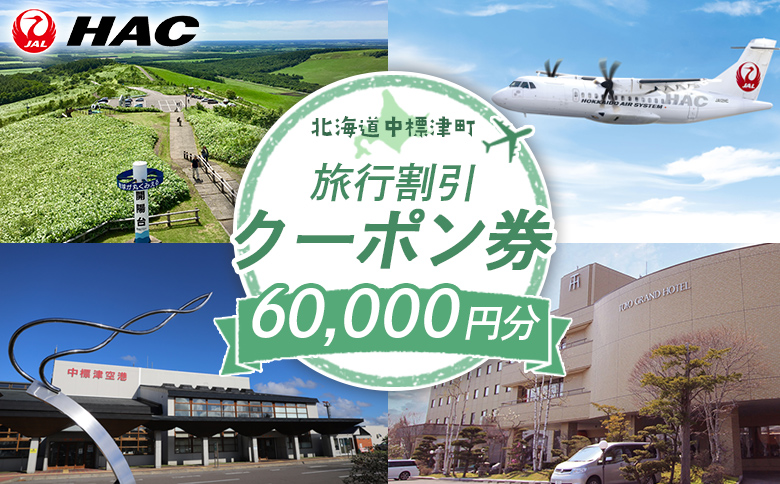 旅行割引 クーポン券 60,000円分 寄付額 200,000円 オンライン 申請 ふるさと納税 北海道 中標津 旅行 旅行券 旅行クーポン 割引 航空券 宿泊券 レンタカー タクシー ハートフルツアー 東北海道トラベル 中標津町【64006】