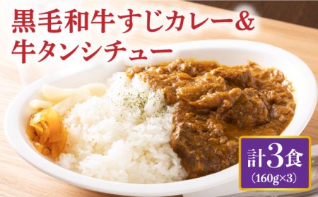 黒毛和牛 牛すじカレー ＆ 牛タンシチュー 計3食  長与町/炭火焼肉あおい  [EBW006]  黒毛和牛 カレー かれー レトルト 牛タン 牛たん シチュー しちゅー 簡単 常温