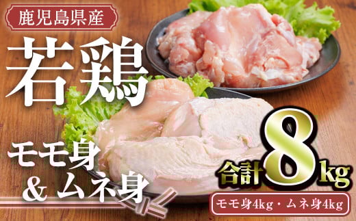 
            鹿児島県産若鶏セット(合計8kg・モモ4kg、ムネ4kg) 小分け 冷凍 セット【TRINITY】A759
          