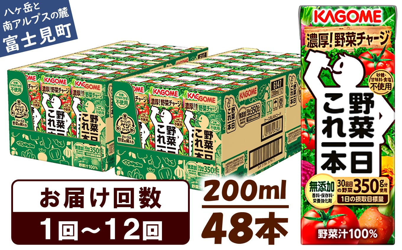 
【選べるお届け回数：1回～12回】 カゴメ 野菜一日これ一本 200ml 48本 〈 一日分の野菜 1日分の野菜 野菜100％ 紙パック 野菜ジュース 飲料類 ドリンク 野菜ドリンク 備蓄 長期保存 防災 無添加 砂糖不使用 甘味料不使用 食塩不使用 栄養強化剤不使用 飲み物 かごめ kagome 〉
