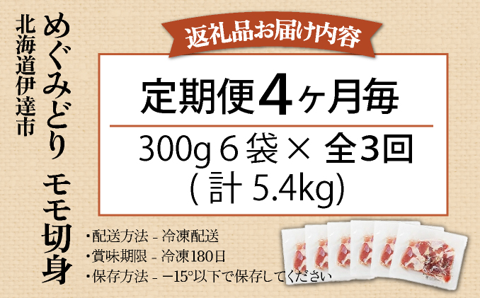 定期便 4ヵ月毎 全3回 北海道産 めぐみどり モモ 切身 300g 6袋 各1.8kg 鶏もも 鶏モモ もも 鶏肉 チキン 銘柄鶏 肉 冷凍 小分け 便利 時短 唐揚 焼鳥 鍋 ソテー プライフーズ