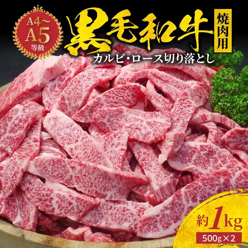 S001-024A_黒毛和牛 焼肉 カルビ ロース 切り落とし 1kg ミシュランビブグルマン 獲得 黒毛和牛 焼肉用 約 500g × 2パック A4 〜 A5 等級 厚切り きめ細かい 霜降り サシ 複数部位 ミックス 美味しい お肉 牛 牛肉 専門店 お取り寄せ グルメ 熊本県 天草市 送料無料