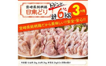 【3ヶ月定期便】宮崎県産若鶏　日南どり　もも肉＆むね肉＆手羽元　計6kg（各2㎏×1） 【 ふるさと納税 鶏肉 鶏 若鶏 もも むね 手羽元 セット 宮崎県産 川南町 おうち時間 おうちごはん 定期便