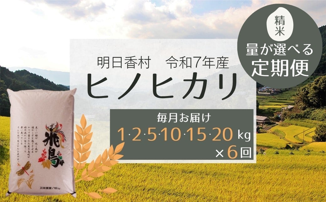 
                  【定期便】令和７年産「ヒノヒカリ・精米」1～20kg  毎月お届け（６ヶ月）
                