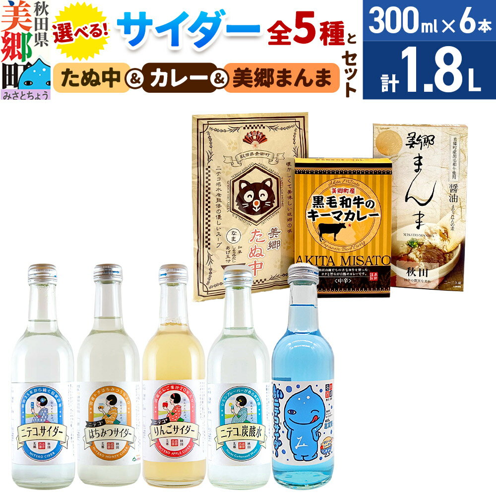 【ふるさと納税】【選べる炭酸飲料：ニテコサイダー／りんごサイダー／はちみつサイダー／青いミズモサイダー／ニテコ炭酸水／ニテコサイダー彩りセット】各6本とたぬ中・キーマカレーのセット・美郷まんまのセット