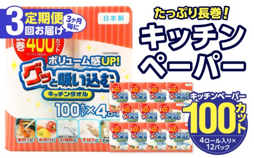 
【3ヶ月毎に配送】キッチンタオル100カット（4ロール×12パック）3回お届け定期便 キッチンペーパー キッチンタオル ２枚重ね 吸水性 破れにくい 電子レンジOK キッチン用品 日用品 消耗品 定期便 T10043
