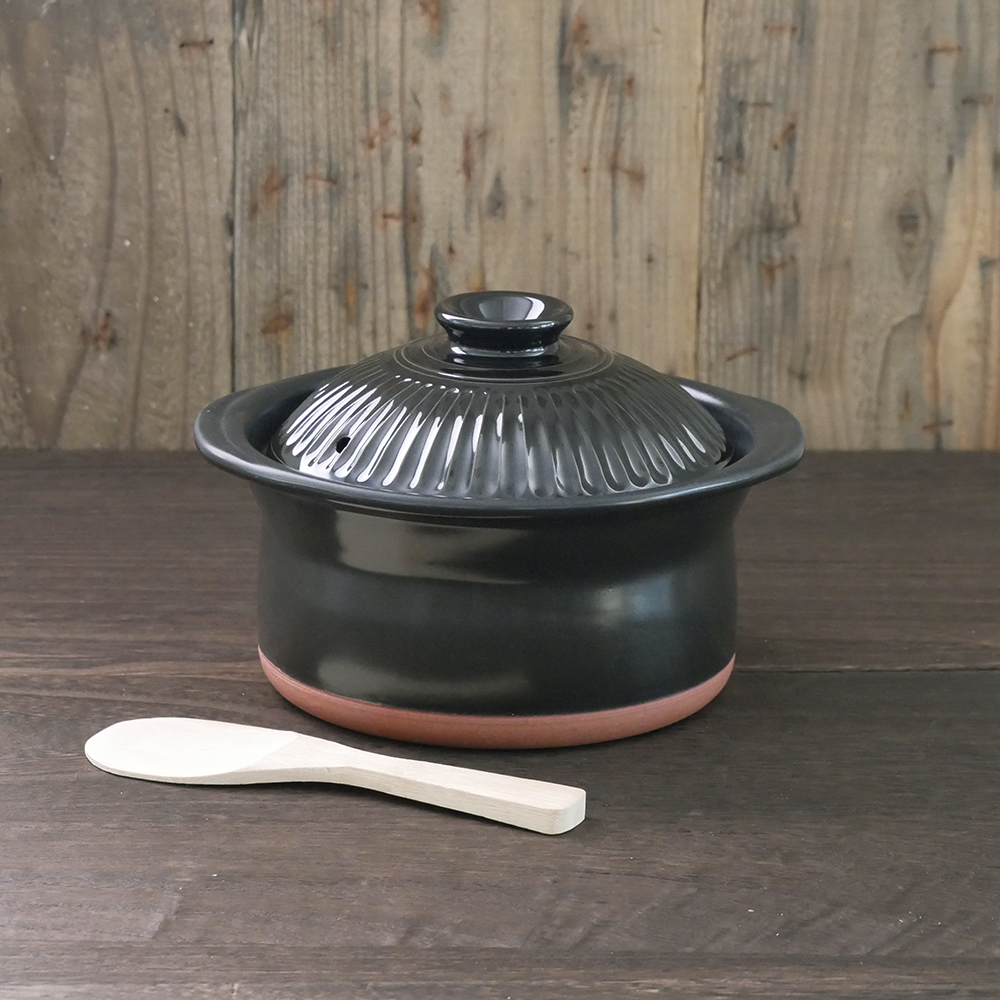 【萬古焼（ばんこやき）】セラミック加工IHごはん鍋２合炊（レシピ付き）黒　スズ木【IH 直火 ご飯 ごはん鍋２合 セラミック 目止め不要 レシピ ブラック キッチン雑貨 三重県 四日市市】