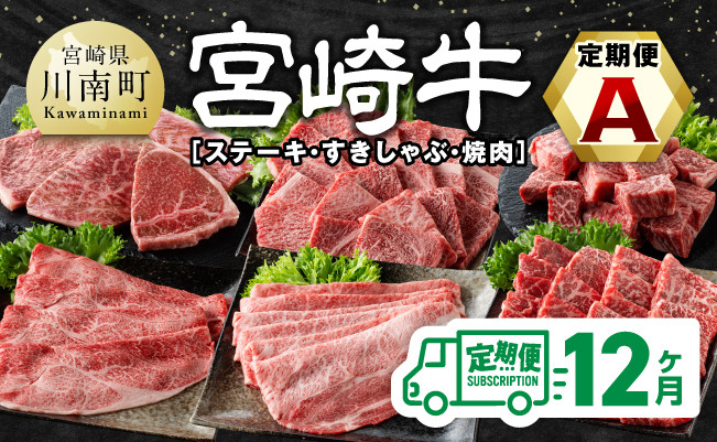 【12ヶ月定期便】宮崎牛定期便（すきしゃぶ・焼肉・ステーキ） 【肉 牛肉 スライス すき焼き しゃぶしゃぶ】 [E11136t12]