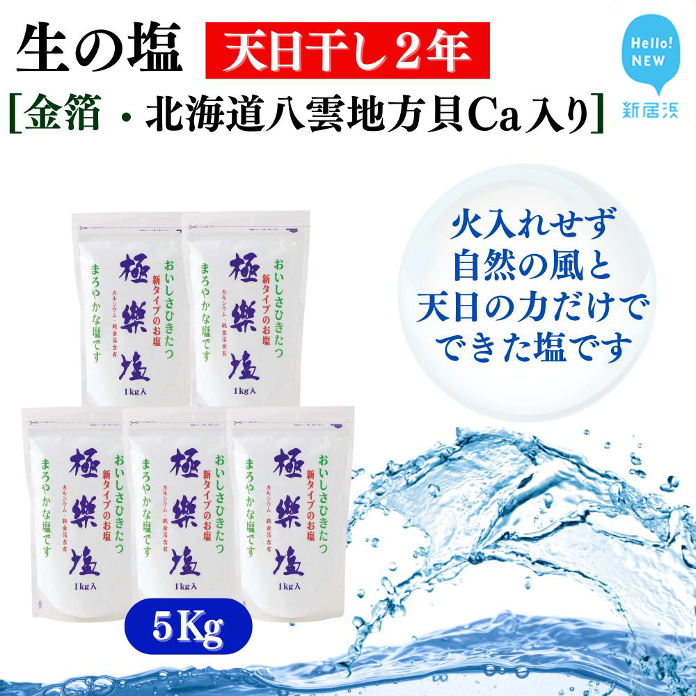 天日干し２年 火入れしない生の塩 「極楽塩」 1kg×5袋 金箔 貝カルシウム入り 食べる楽しさを極め こだわりの製法 塩 食塩 食卓塩 海塩 調味料 ミネラル ソルト