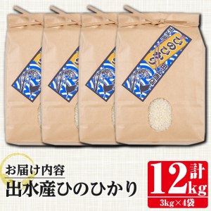i395 鹿児島県出水市産ひのひかり＜3kg×4袋・計12kg＞ 米 12kg お米 白米 ヒノヒカリ 自家脱穀 自家精米 発送直前 精米 おにぎり ごはん お米マイスター 厳選  【田上商店】