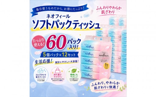 ソフトパックティッシュ　5個パック（コンパクト）×12セット(60個） | 箱なし フィルム包装 ソフトパック ティッシュ 洗面所 キッチンまわりで使いやすい 持ち運び アウトドア 車内 コンパクト パッケージ 100％パルプ 人気 おすすめ エコ 防災 備蓄 送料無料 愛知県 名古屋市
