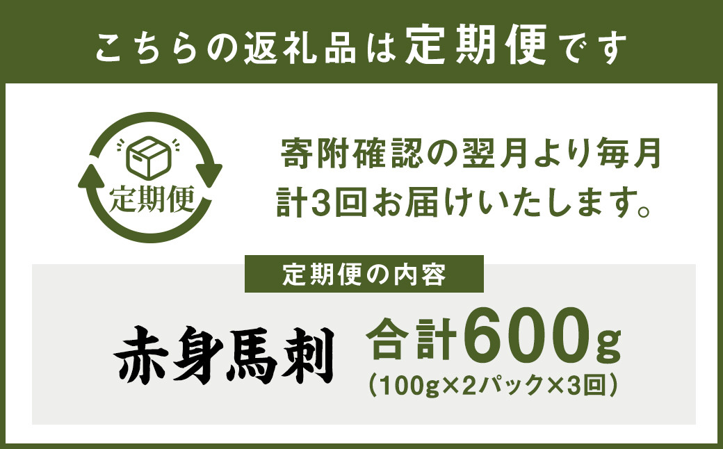 【定期便年3回】赤身 馬刺し ブロック 約200g ×3回 合計約600g (約100g×6パック) 馬肉