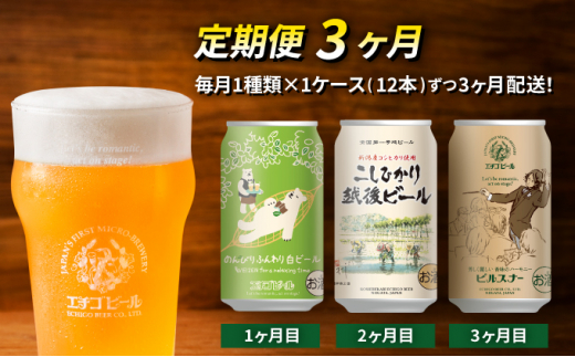 
【定期便3ヶ月】エチゴビール【1ヶ月目】のんびりふんわり白ビール350ml缶×12本【2ヶ月目】こしひかり越後ビール350ml缶×12本【3ヶ月目】ピルスナー350ml缶×12本
