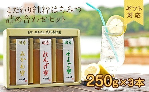 
                  【ギフト用】かの蜂 国産 蜂蜜 3本セット250g×3本（れんげ・みかん・そよご） ★ふるさと納税限定セット★ 常温 保存 備蓄 防災食 非常食 保存食 防災グッズ
                