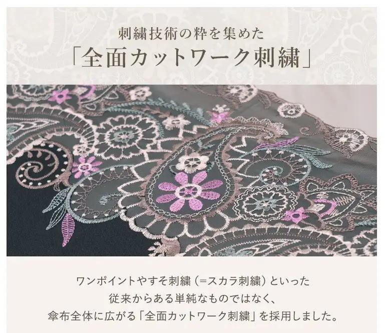 【シノワズリーモダン京都】女優日傘プレミアム ペイズリー更紗オーガンジー刺繍かわず張り長日傘 ホワイト