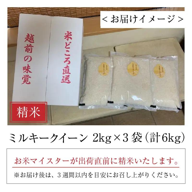 【令和7年産】ミルキークイーン 2kg × 3袋（計6kg）精米《お米マイスターが発送直前に精米！》／ 福井県産 ブランド米 ご飯 白米 新鮮 [aw064-b010]