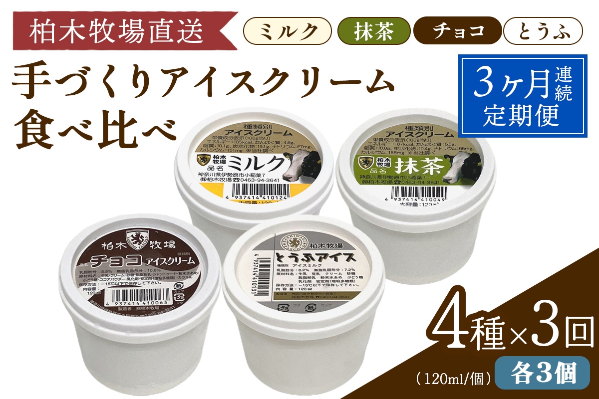 
                  [定期便／3ヶ月連続] 柏木牧場 手づくりアイスクリーム食べ比べ 計36個 (4種 各3個セット×3回・120ml／個)｜伊勢原 贅沢素材 スイーツ ギフト 詰め合わせ 贈り物 プレゼント 人気 お取り寄せ [1254]
                