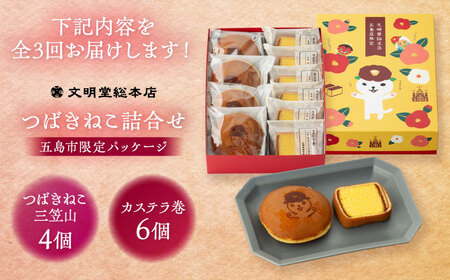 【3回定期便】五島市限定パッケージ つばきねこ 詰合せ 1号 ( つばきねこ 三笠山 4個/ カステラ 巻6個) 五島市/文明堂総本店[PEO003]  和菓子 洋菓子 詰め合わせ 化粧箱 餡 あんこ