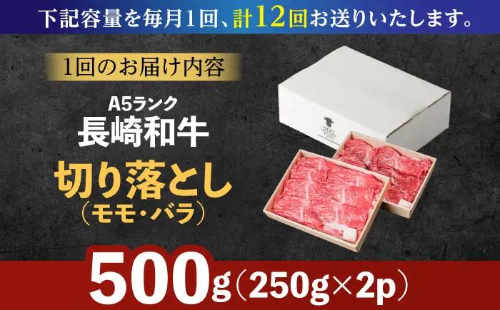 【12回定期便】長崎和牛 A5 赤身 切り落とし(モモ・バラ) 500g(250g×2) / 牛肉 和牛 モモ もも バラ バラ肉 すき焼き A5ランク 小間切れ / 諫早市 / 野中精肉店 [AHC