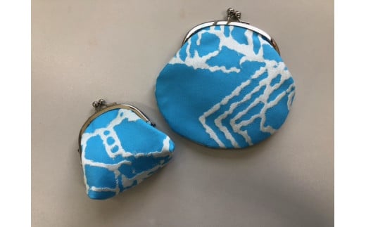 11-29 《1点モノ》播州織 ジャカード生地がま口ポーチ 大小2点セット【FUJI GAUZE】　ブルー