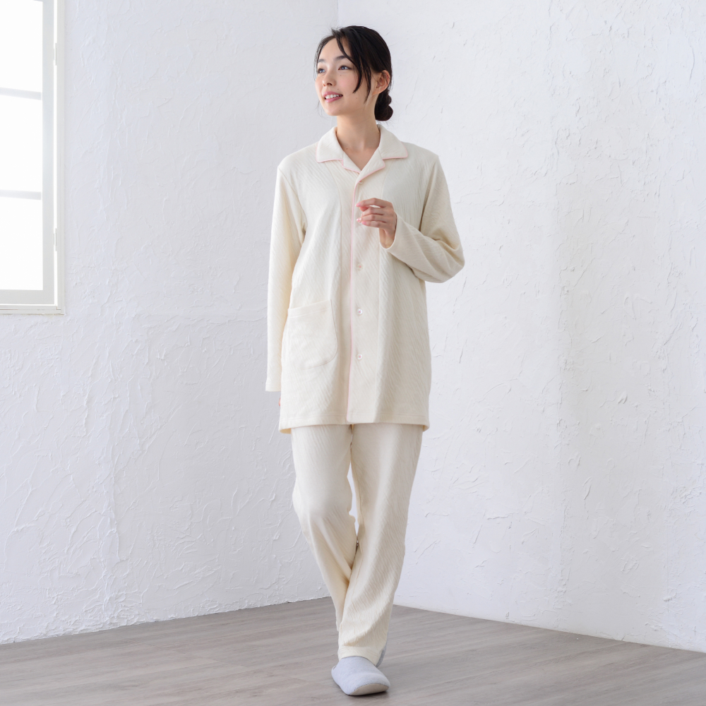 接結ニット テーラーカラー前開き男女兼用パジャマ 株式会社ラブリー パジャマ工房 滋賀県 東近江市 E-F05 パジャマ 綿100% オーガニックコットン 敏感肌 前開き 上下セット 長袖 二重ガーゼ