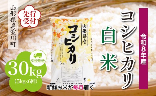 ＜令和8年産米先行受付＞ 真室川町産 こしひかり 【白米】 定期便 30kg （5kg×1ヶ月間隔で6回お届け）＜配送時期指定可＞