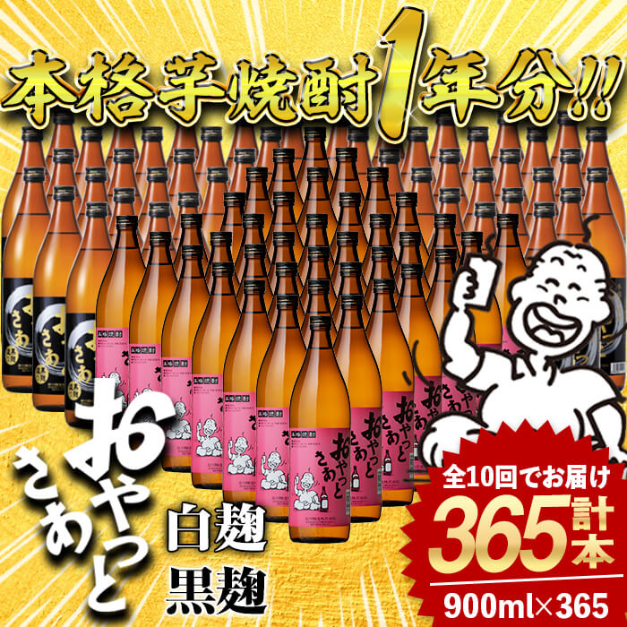 【ふるさと納税】≪本格芋焼酎1年分！≫おやっとさあ365本セット！(全10回 / おやとさあ900ml×120本・おやっとさあ黒900ml×245本) 焼酎 芋焼酎 本格芋焼酎 芋 さつま芋 麹 白麹 黒麹 酒 お酒 アルコール セット 糖質ゼロ プリン体ゼロ 常温 常温保存 1年 365本【岩川醸造】