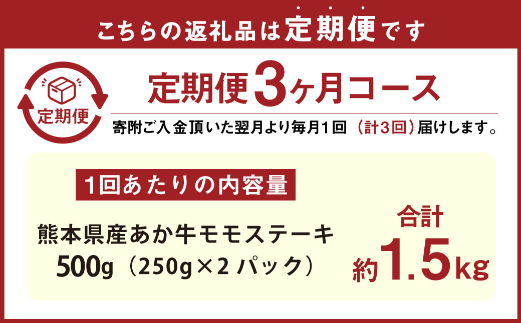 【3ヶ月定期便】 熊本県産 あか牛 モモ ステーキ 500g （250g×2パック）