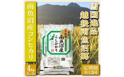 
            【令和7年産】【定期便 精米４Kg×全12回】雪国逸品 越後南魚沼郷 南魚沼産コシヒカリ【2025年10月上旬より順次発送予定】
          