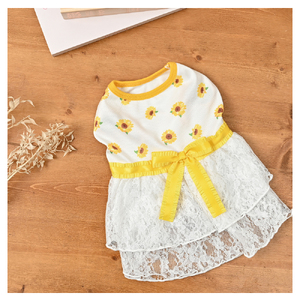 ひまわりレースフリルワンピース メッシュ 向日葵 花柄 イエロー ドッグウェア【ココアトワ(cocoAtoi)】 Ｓ