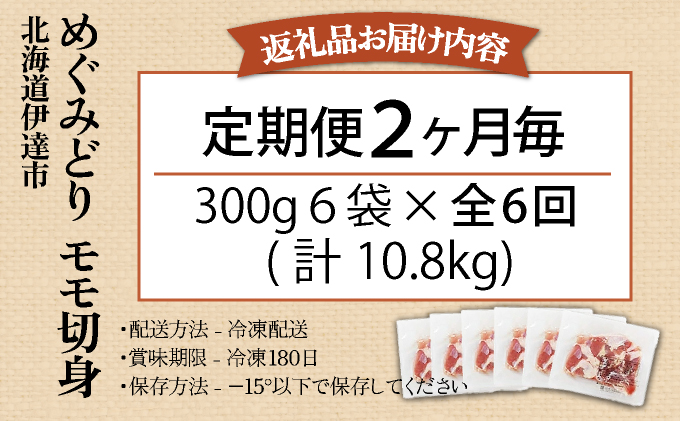 定期便 2ヵ月毎 全6回 北海道産 めぐみどり モモ 切身 300g 6袋 各1.8kg 鶏もも 鶏モモ もも 鶏肉 チキン 銘柄鶏 肉 冷凍 小分け 便利 時短 唐揚 焼鳥 鍋 ソテー プライフーズ