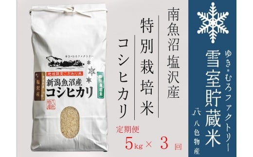 【令和７年産】特別栽培【定期便5kg×3回】 雪室貯蔵米 南魚沼塩沢産コシヒカリ【2025年10月下旬より順次発送予定】