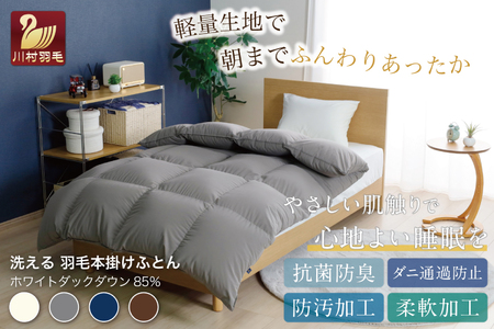 洗える羽毛布団 セミダブル ホワイトダックダウン85％ グレー 無地 本掛け 冬用 1.4kg 羽毛 布団 羽毛ふとん 本掛け布団 コインランドリー 抗菌防臭 [川村羽毛 山梨県 韮崎市 207451