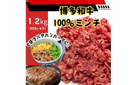 博多和牛100％ミンチ（挽肉）【訳あり】1.2ｋg (300g×4個）