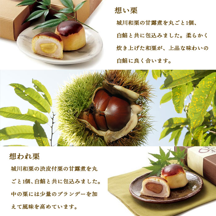 ＜道の駅きなはい屋「想い・想われ」栗菓子セット 12個入り＞お菓子 詰め合わせ 和菓子 まんじゅう 饅頭 くり マロン 和栗 お茶菓子 スイーツ 手土産 白餡 渋皮煮 ブランデー 城川ファクトリー 愛