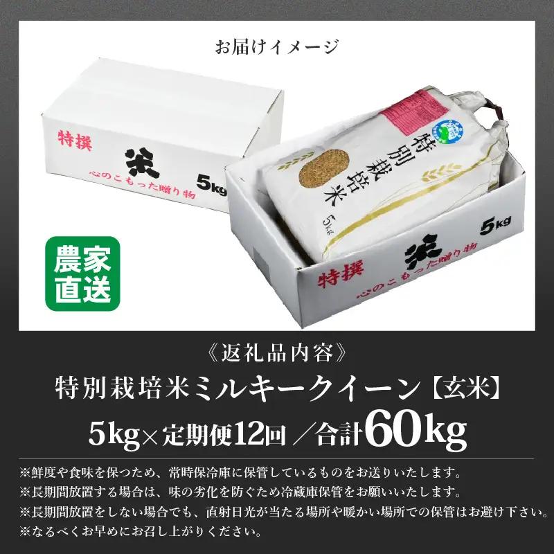 【先行予約】【令和8年産 新米】定期便《12ヶ月連続お届け》 特別栽培米 ミルキークイーン 玄米 5kg （計60kg） 農薬不使用 化学肥料不使用 ／ 高品質 鮮度抜群 福井県産 ブランド米 あわら