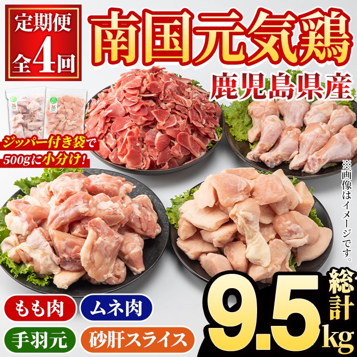 ＜定期便・全4回(隔月)＞鹿児島県産！南国元気鶏 もも肉・ムネ肉・手羽元・砂肝スライス定期便(総計9.5kg) 国産 九州産 鹿児島産 モモ肉 鶏モモ むね肉 胸肉 鶏ムネ 手羽元 砂肝 小分け 定期便 おかず おつまみ【さるがく水産】akn028-43