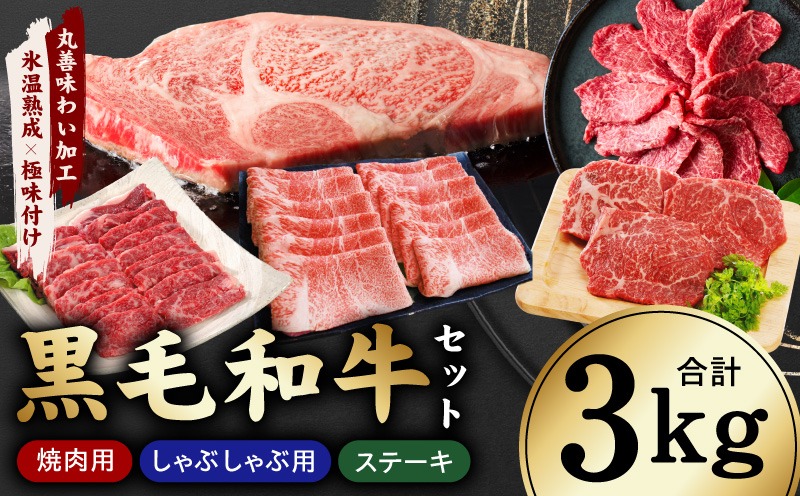 mrz0504 【氷温熟成×極味付け】黒毛和牛セット  合計3kg【小分け 焼肉 しゃぶしゃぶ ステーキ 簡単調理 BBQ 牛肉 黒毛和牛 味付き】
