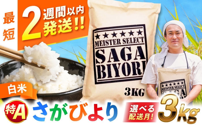 
                  【選べる配送月】令和7年産 さがびより 白米 3kg ＜五つ星お米マイスター厳選＞|佐賀県産 令和7年産 米 おこめ お米 白米 こめ ライス rice kome ごはん ご飯 コメ 選べる 発送月 ブランド米 精米 人気 おすすめ  3キロ R7 3kg 一人暮らし 国産 令和7年産  新生活 お祝い ギフト 仕送り| 吉野ヶ里町/大塚米穀店[FCW001]
                